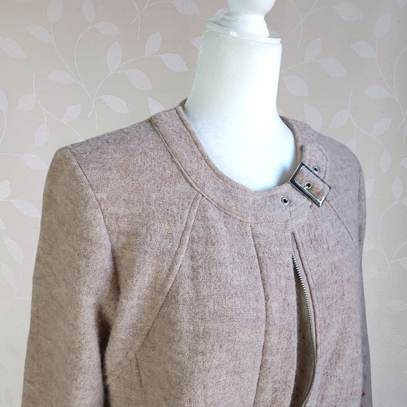 For Cynthia Cozy Wool Moto Buckle Zip Front Jacket Marled Beige Tan Petite Large - Picture 3 of 16